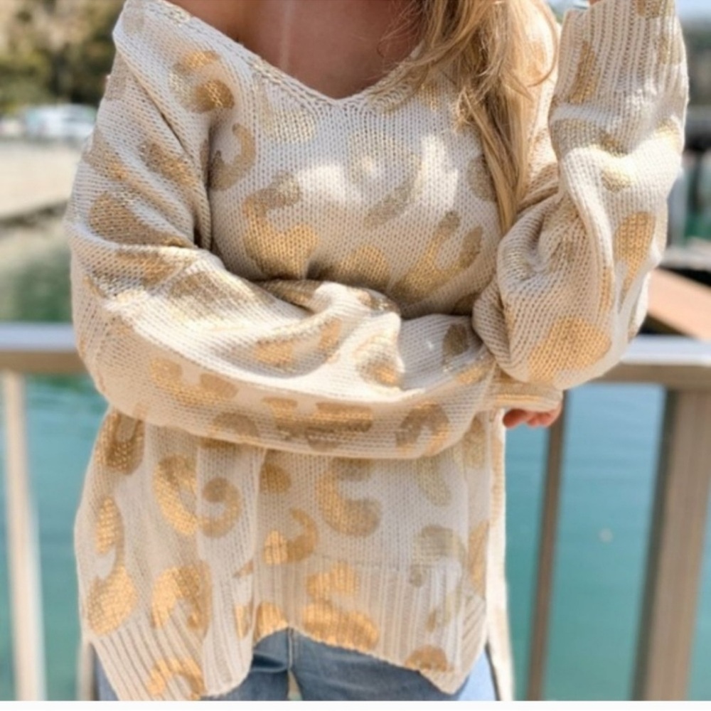 Amoli Cream and Gold Foil Leopard Print Sweater